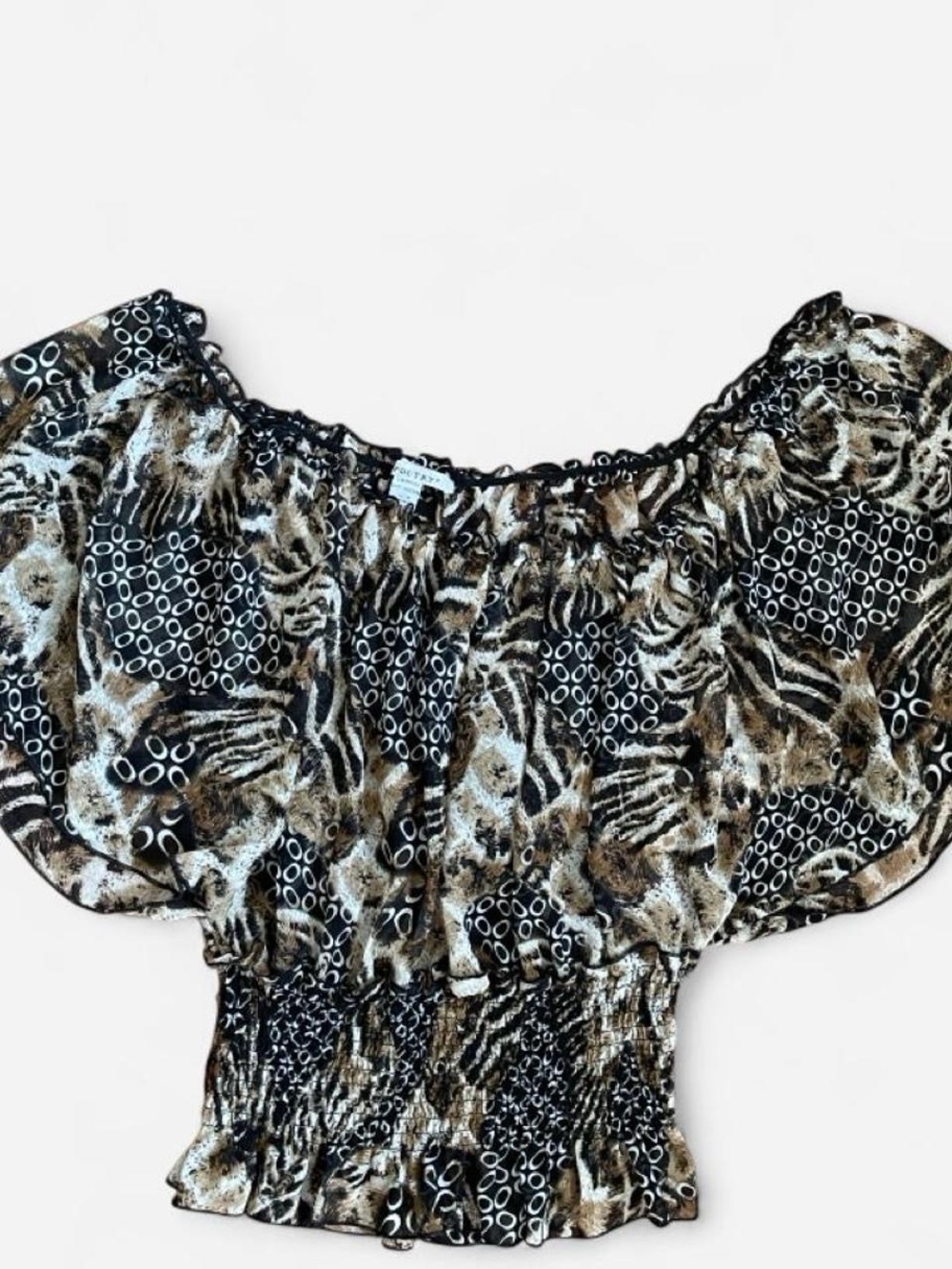 Poetry Off-Shoulder Ruffle Blouse in Black and Brown Print